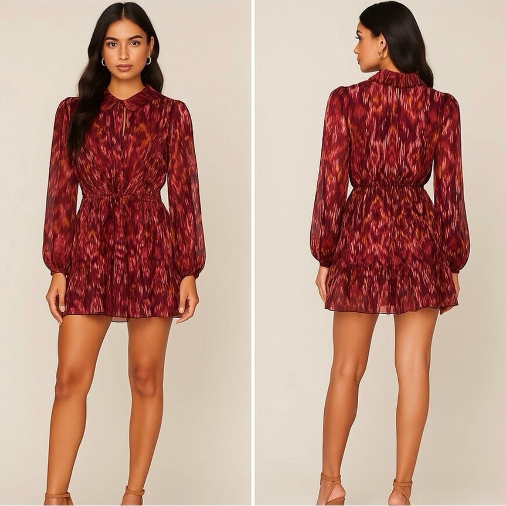 Revolve House of Harlow 1960 Red Pink Ikat Long Sleeve Mini Dress Size 2